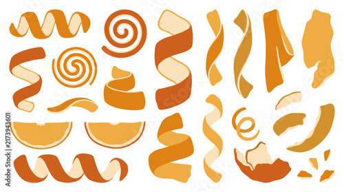 Set of fresh orange peel twists, zest curls and citrus slices for cooking ingredients, food decoration, natural healthy snack, culinary garnish