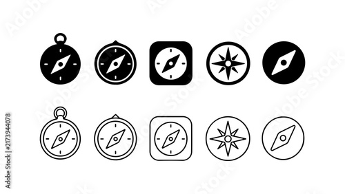 Compass Icon Set in Black Silhouette and Line Art Style