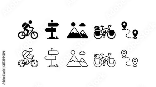Bicycle Tourism and Travel Icon Set in Silhouette and Outline Styles