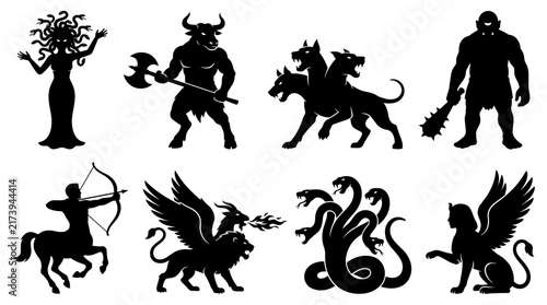 Set of black silhouettes featuring ancient greek mythological creatures like medusa minotaur cerberus and hydra for fantasy stories and educational