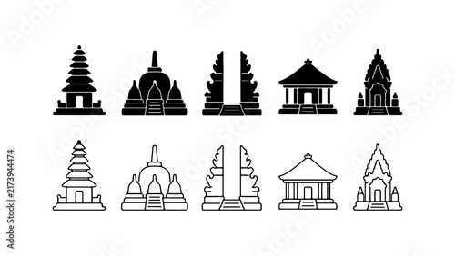 Bali Temple and Traditional Landmark Icons Set in Silhouette and Outline Style