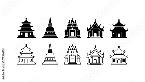 Asian Temple Icon Set in Silhouette and Outline Style