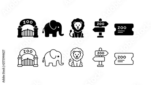 Zoo Animal and Signage Icon Set in Silhouette and Outline Styles