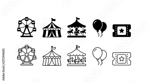 Amusement Park Icon Set in Silhouette and Outline Vector