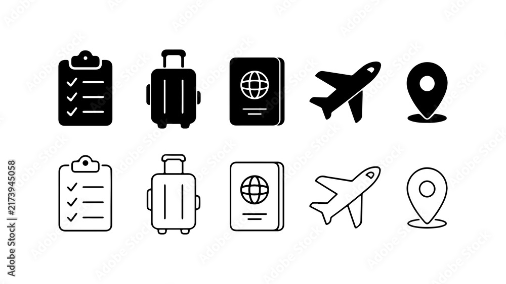 Fototapeta premium Travel Tourism Icon Set in Solid Silhouette and Linear Outline Vector