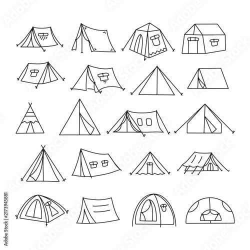 outline camping tent signs for graphic design, web apps, advertising, outdoor adventure, hiking, travel, tourism vector illustration collection