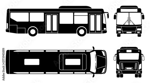 Set of city bus silhouettes in multiple views, side front and top perspective, black vector illustration for transport logistics and transit signage