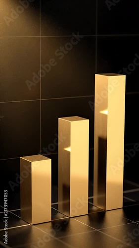 Animated Bar Graph Rising Dynamically with Golden Light and Reflections on a Dark Surface. and Data Visualization