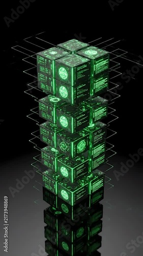 Glowing Cube Tower Animation Rising From Smaller Cubes, Displaying Digital Circuitry and Futuristic Technology.