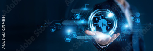 Businessman hand hold Digitization and global networking data, transforming business operations, improving workflow efficiency, modernizing enterprise processes, supporting digital innovation.
