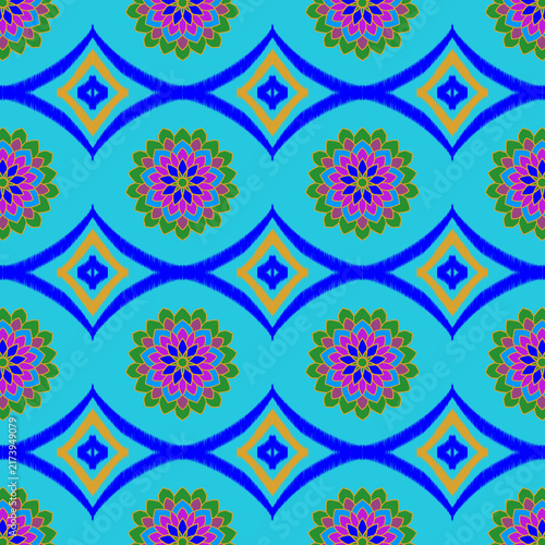 Fotografía Vibrant blue seamless pattern with geometric diamond shapes and colorful mandala