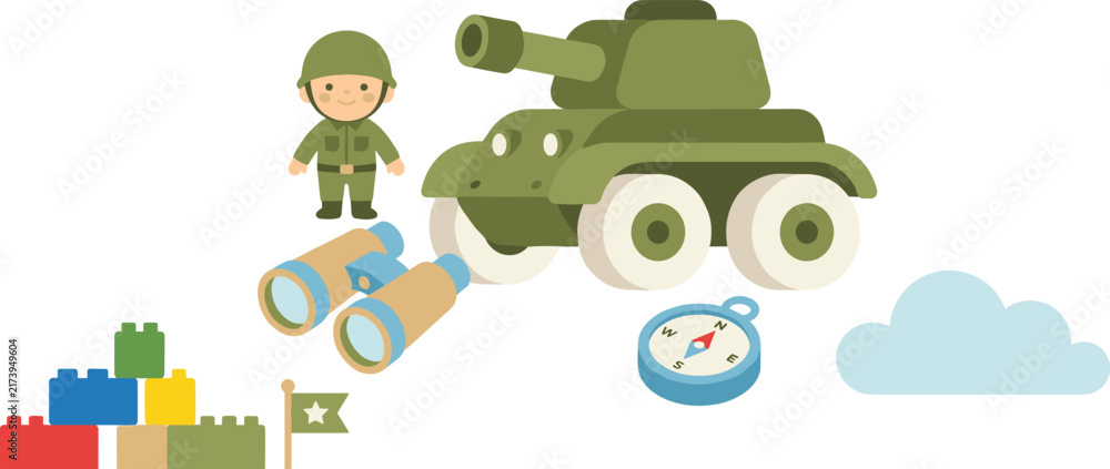 Obraz premium Cute Military Toy Icon Set Featuring Army Tank, Soldier Figurine, Binoculars, Compass, Building Blocks, Flag, and Cloud Vectors