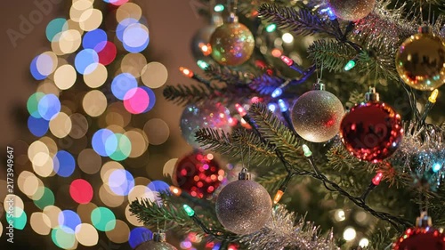 Festive Christmas Tree with Bokeh Lights and Ornaments