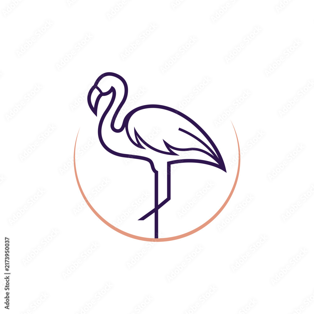 Obraz premium Minimalist flamingo bird line art logo icon inside circular crest vector illustration