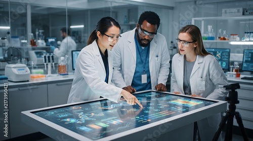 Three diverse laboratory scientists in white coats and protective eyewear collaborate, pointing at a large interactive digital touch-screen table displaying scientific data, DNA structures, and cha...