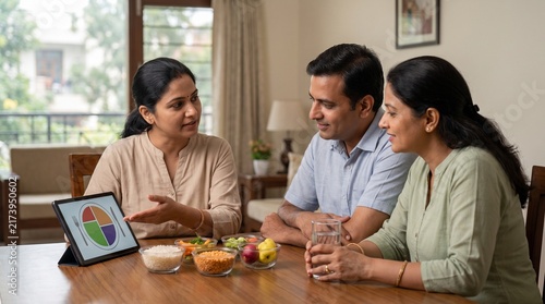 Dietitian Explaining Balanced Diet Plan to Couple on Tablet