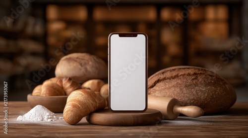 Apple iPhone 11 Pro Max Displayed on Table with Bread and Pastries in Bakery Setting