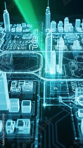 Cityscape Circuit Board Animation with Glowing Green Laser Beams Sweeping Across the Futuristic Skyline. Dynamic Digital Cityscape.