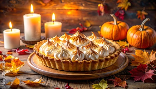 Delicious homemade pumpkin pie with meringue topping, candles, and autumn leaves on rustic wood