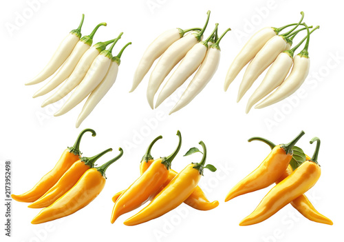 White chili peppers with green stems isolated on a white transparent background.