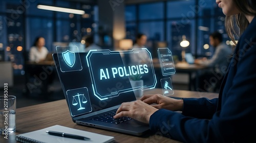 AI Policies concept on laptop screen, business professional working in modern office at night