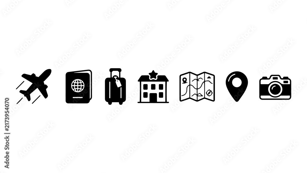 Fototapeta premium Travel and Tourism Icon Set, Airplane, Passport, Suitcase, Hotel, Map, Location Pin, Camera, Simple Black Vector Symbols for Web and Mobile UI Design