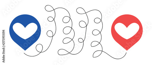 Continuous Line Winding Path Connecting Blue And Red Heart Map Pins Vector Concept Illustration