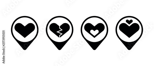 Set Of Black Map Pin Icons With Heart Symbols Vector Illustration For Location And Dating Apps