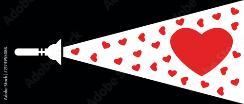 Flashlight Shining Light Beam Filled With Red Hearts And A Big Heart Concept Vector Illustration