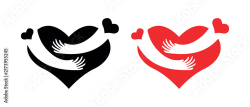 Hugging Heart Symbol With Embracing Hands And Small Hearts Vector Logo Design Set In Black And Red Variations