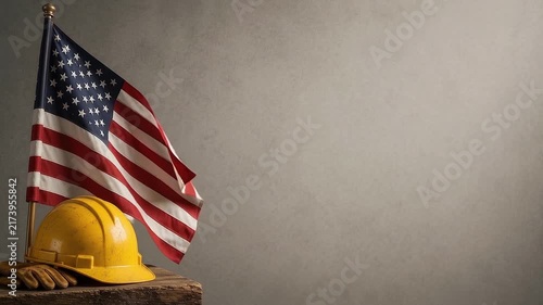 Labor Day 2026 American Flag and Yellow Construction Hard Hat, American Workers and Labor Celebration Concept with Wide Copy Space