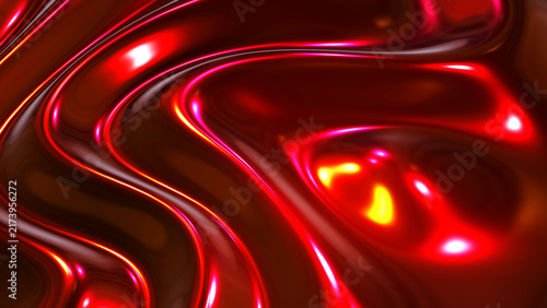 Abstract metallic red fluid ripples, glossy red silk texture with neon reflec...