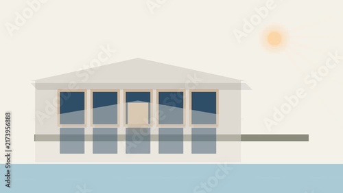 Modern beach house with ocean view under sunny sky time lapse animation