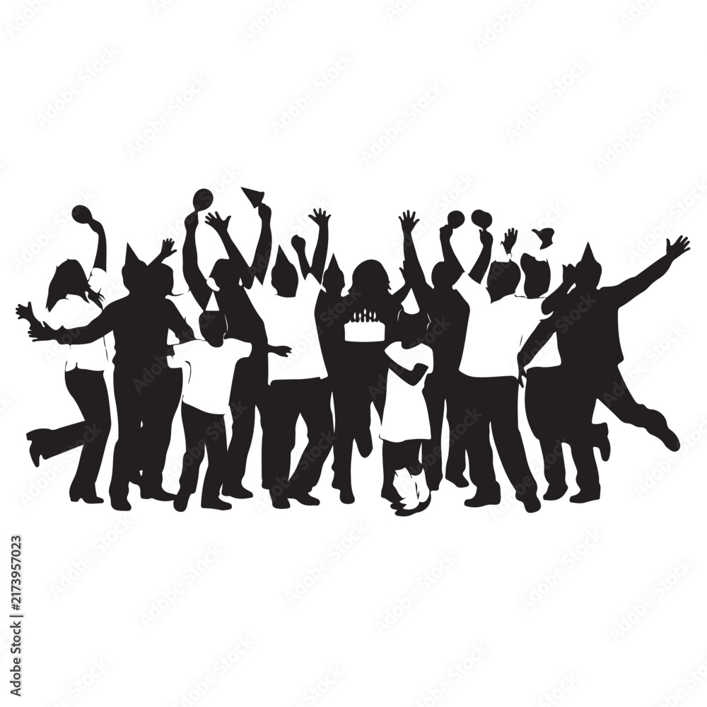 Fototapeta premium Black Silhouette of Large Crowd Dancing and Celebrating with Hands Raised, Energetic Party Design for Event, Festival, Poster, Banner and Card Illustration Isolated on White Background