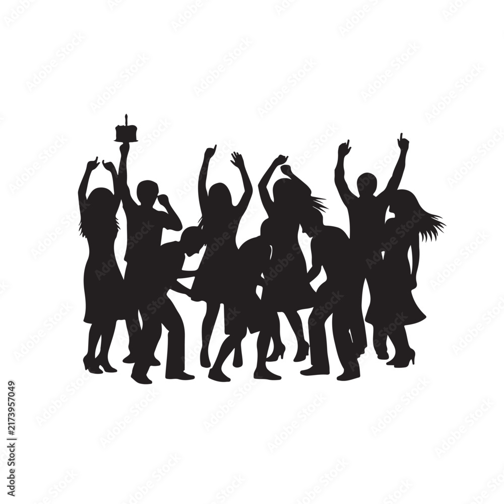 Fototapeta premium Black Silhouette of Group of People Dancing with Hands Raised, Joyful Crowd Celebration Design for Party, Festival, Poster, Banner and Card Illustration Isolated on White Background