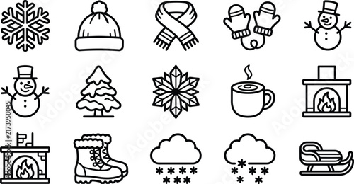 Winter Holiday Line Art Collection Featuring Snowflakes, Snowmen, Christmas Trees, Mittens, Scarves, Cocoa, Fireplace, Boots And Sled