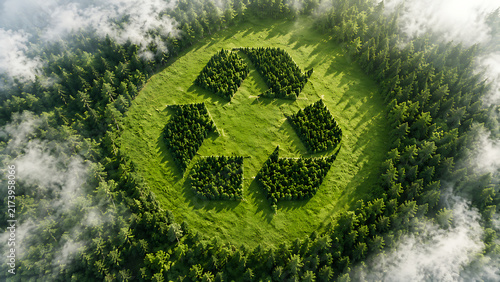 Green recycling symbol formed from forest trees and surrounded by clouds, representing environmental sustainability, circular economy, climate protection, ecology, and clean future.