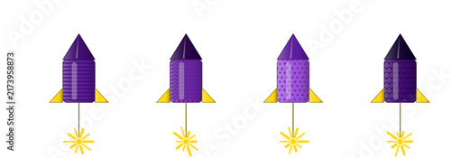 Canvas Print Set of four vibrant purple rockets launching skyward with golden sparks, a festi