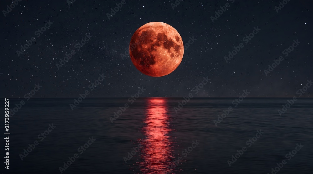 Fototapeta premium Dramatic blood moon rising over the calm ocean water at night with starry sky and red lunar reflection