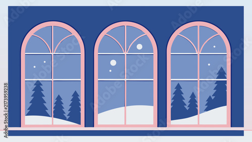 Cozy winter windows scene with falling snow and evergreen trees outside for holiday ambiance and seasonal backdrops.