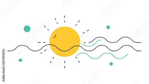 Bright summer sun with wavy lines and dots symbolizing warm weather and water ideal for travel and vacation themes.