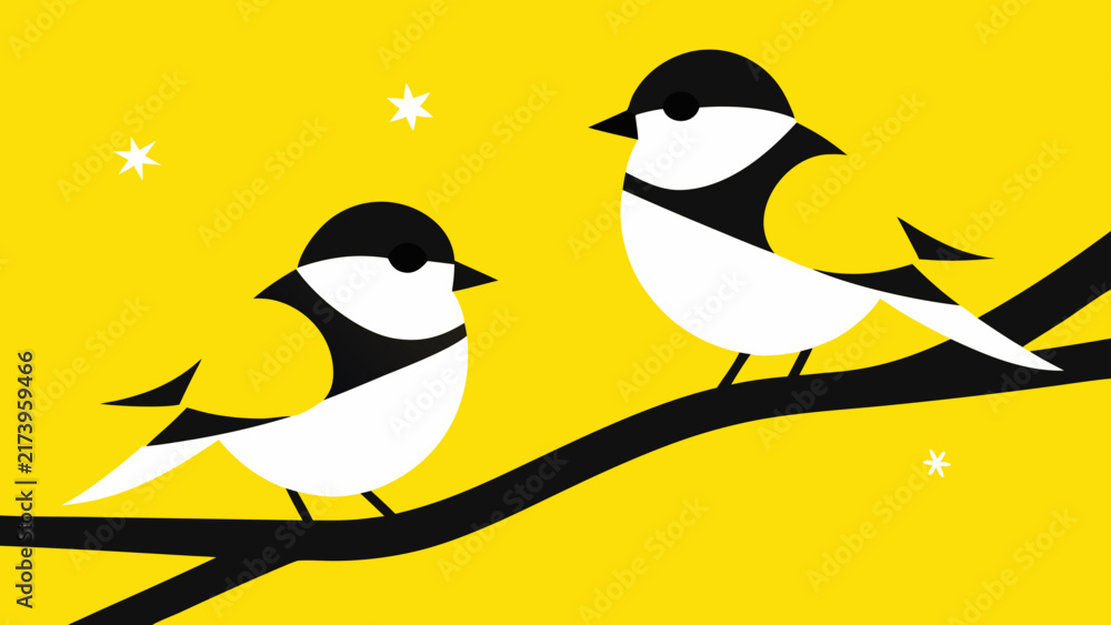 Fototapeta premium Two chickadee birds perched on a branch under a starry sky, in black, white, and yellow for nature art.