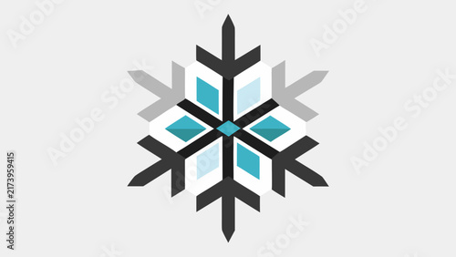 Geometric blue snowflake crystal with symmetric hexagonal shapes provides cool winter theme for seasonal decoration and frozen branding.