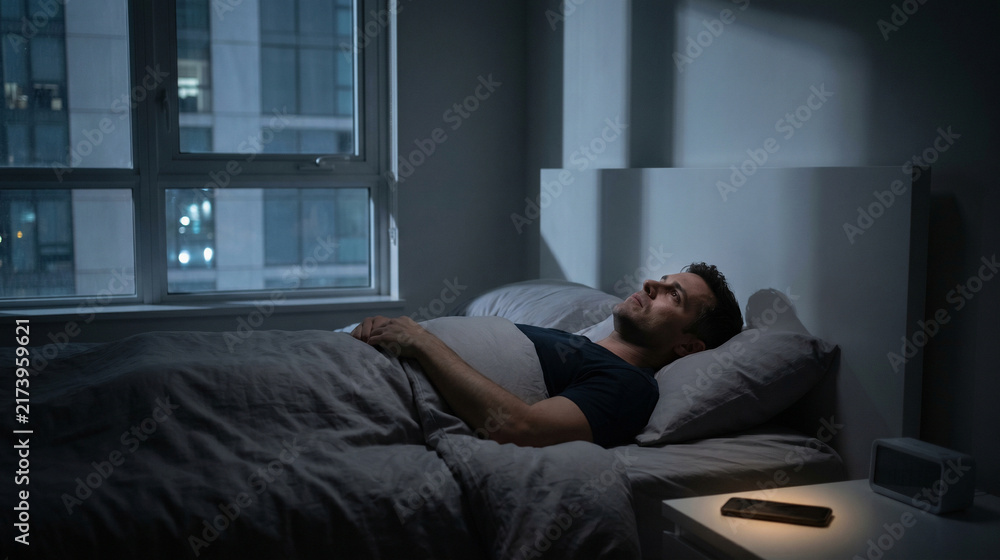 Fototapeta premium Restless man awake in bed at night beneath dim window light