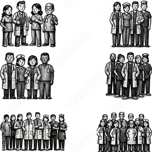 Diverse medical professionals stand together in coordinated groups, representing a united healthcare team.