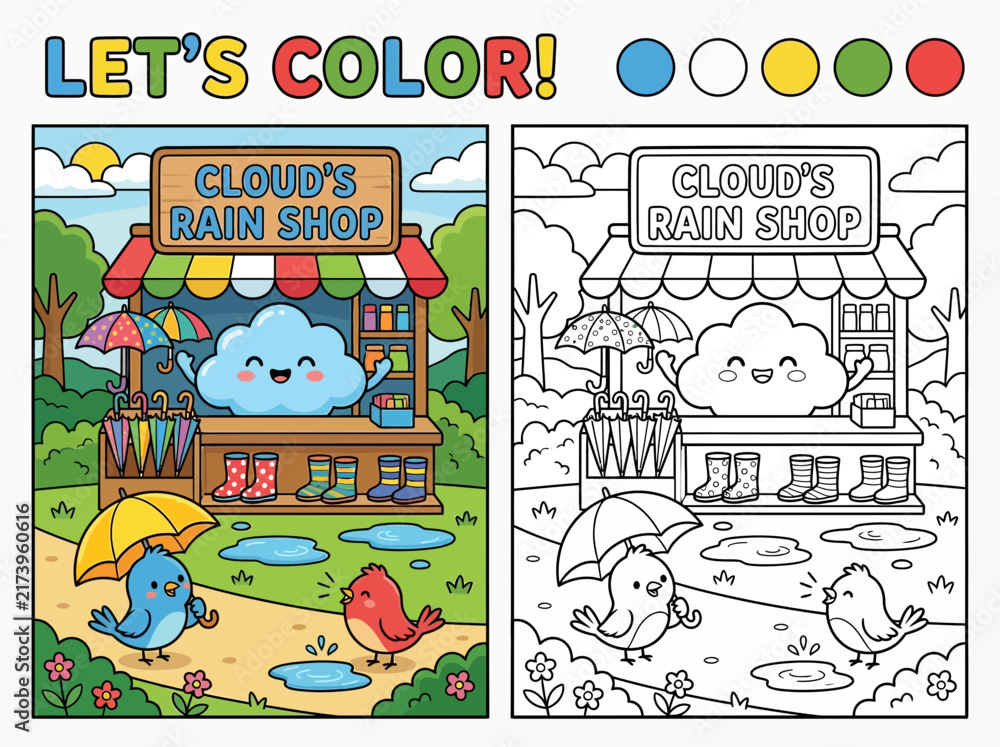 Naklejka premium Coloring page for kids featuring a cute cloud selling umbrellas and rain boots in a rainy park