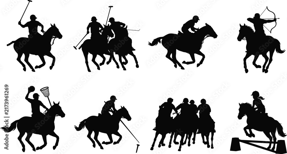 Fototapeta premium Equestrian Sports Silhouettes Set Horse Riding Polo Archery Show Jumping Vector Action Collection