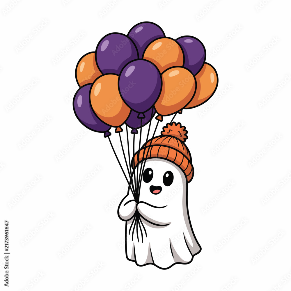 Fototapeta premium A cute cartoon ghost wearing an orange beanie hat, holding a bunch of purple and orange balloons, floating against a white background.