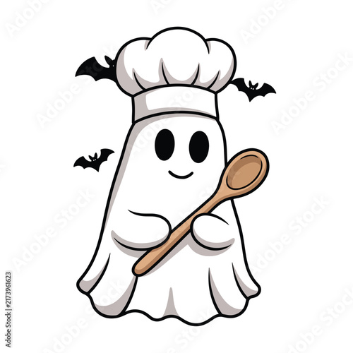A cute, cartoon ghost chef wearing a tall white chef's hat and holding a wooden spoon, with bats flying in the background, perfect for Halloween.