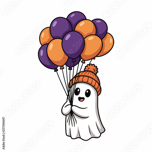 A cute cartoon ghost wearing an orange beanie hat, holding a bunch of purple and orange balloons, floating against a white background.